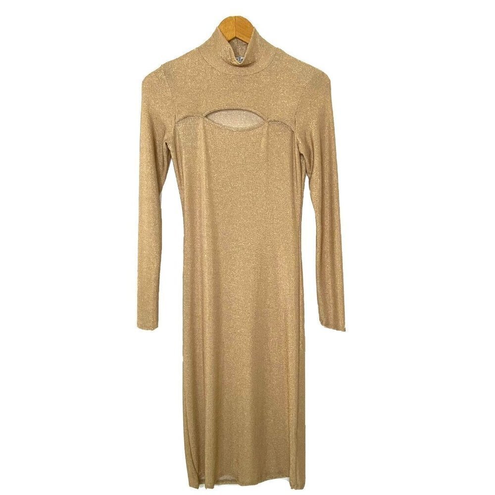 Velvet Torch Bodycon Midi Dress Womens size Small Long Sleeve Stretch Gold